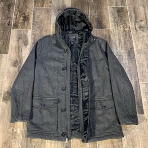 Black/Grey Herringbone Hooded, Zip, Buttoned, Pocketed Wool Dress Coat: Small